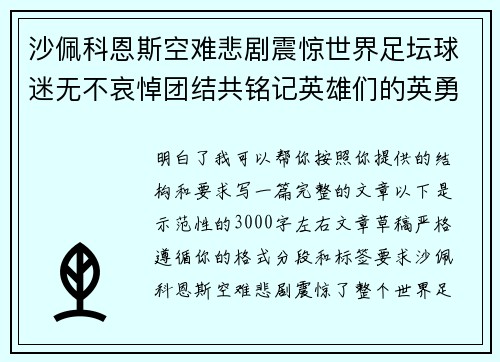 沙佩科恩斯空难悲剧震惊世界足坛球迷无不哀悼团结共铭记英雄们的英勇与坚韧